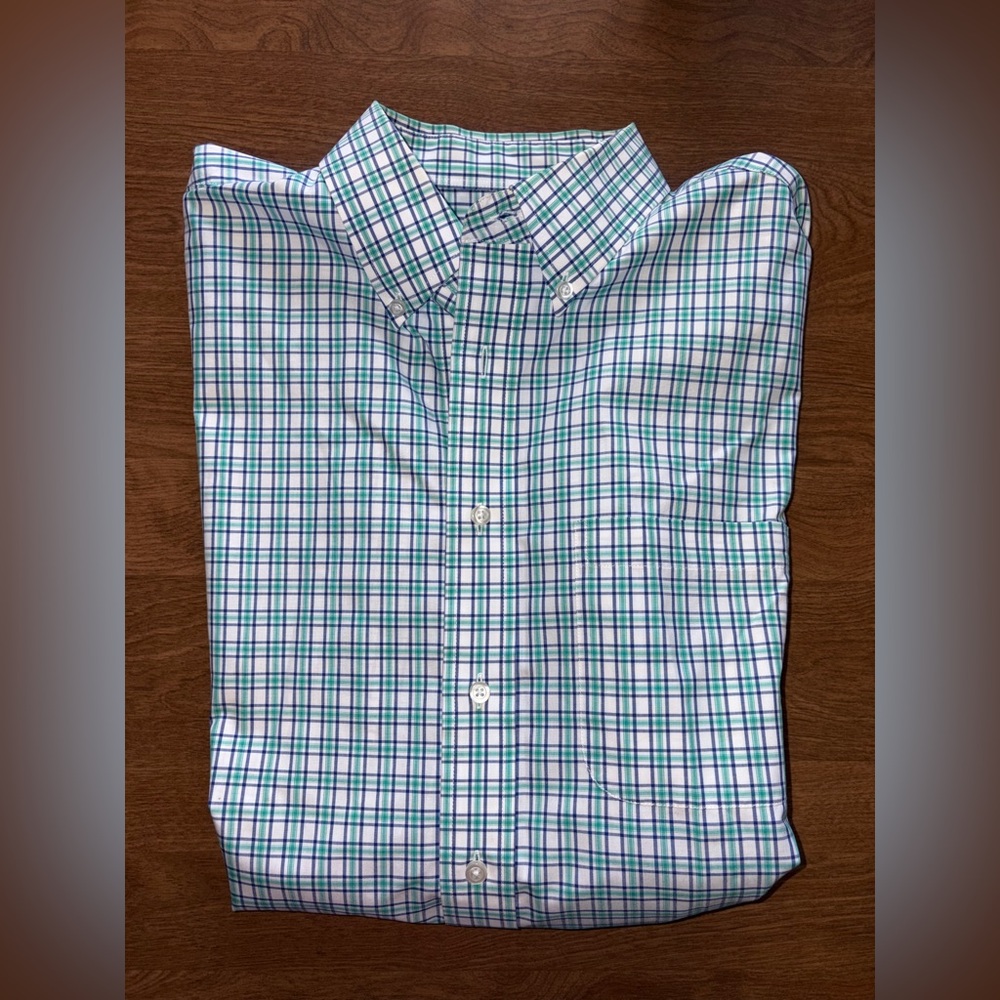 Jos. A. Bank White Button-Down Shirt with Green & Blue Plaid